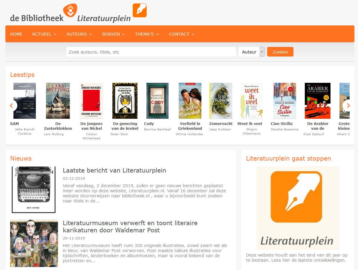 Screenshot of homepage of Literatuurplein.nl, 04-12-2019