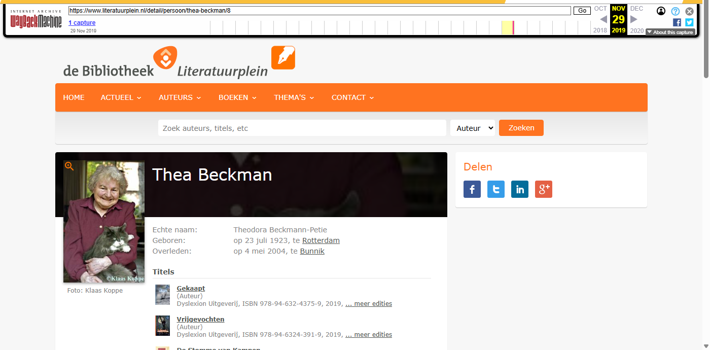 Screenshot of Author detail page about Thea Beckman, as archived in Wayback Machine on 29-11-2019