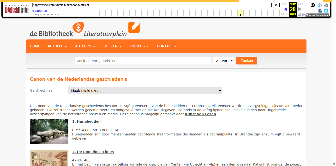 Screenshot of Canon van de Nederlandse geschiedenis, as archived in Wayback Machine on 28-11-2019