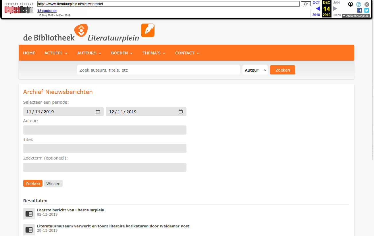 Screenshot of Archief Nieuwsberichten, as archived in Wayback Machine on 14-12-2019