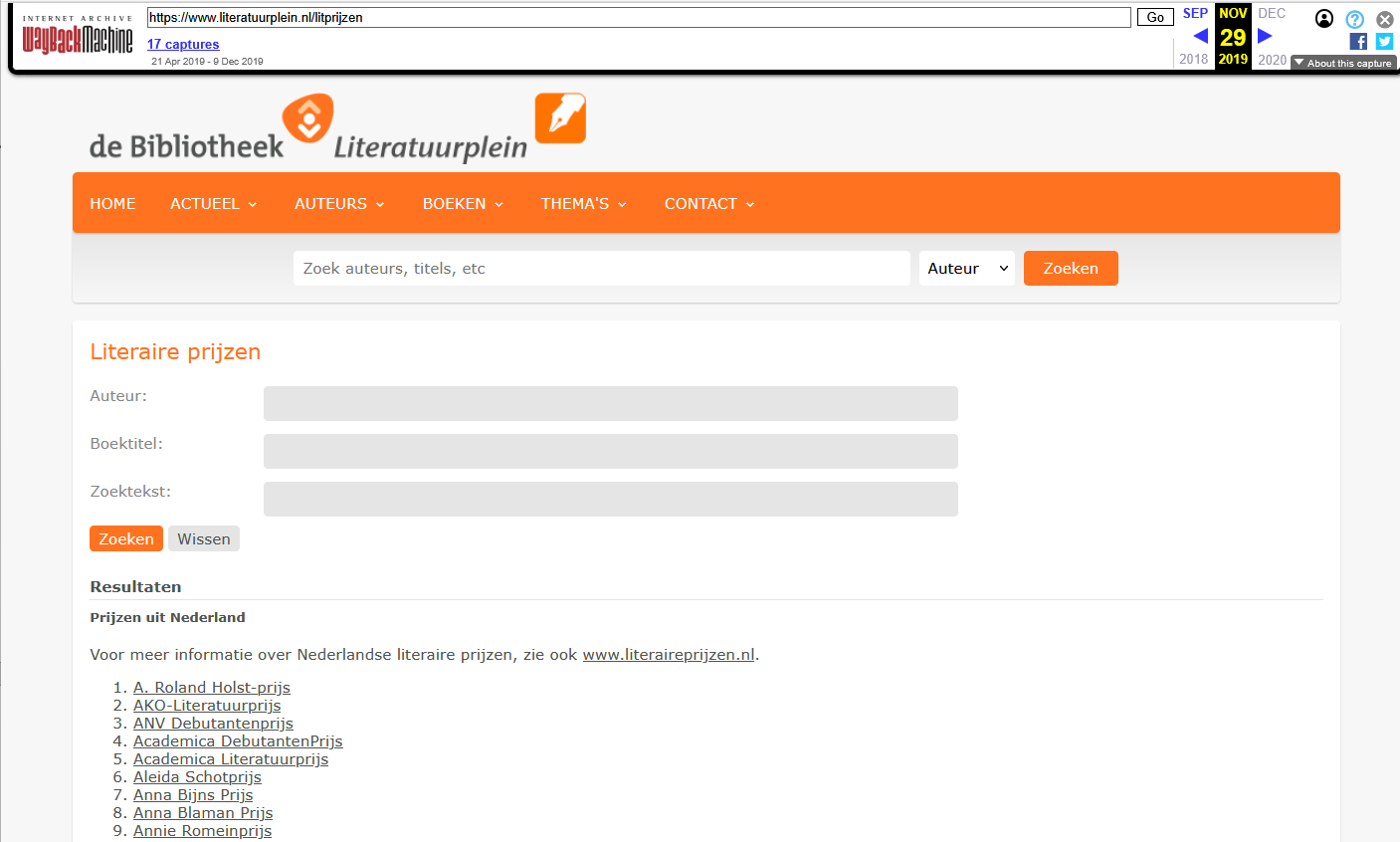 Screenshot of Overview of literary prizes, as archived in Wayback Machine on 29-11-2019