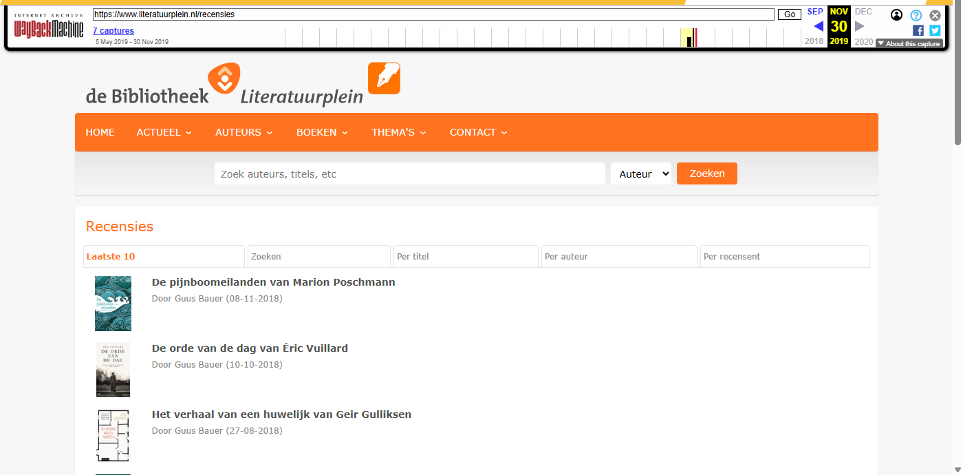 Screenshot of Recensies page, as archived in Wayback Machine on 30-11-2019