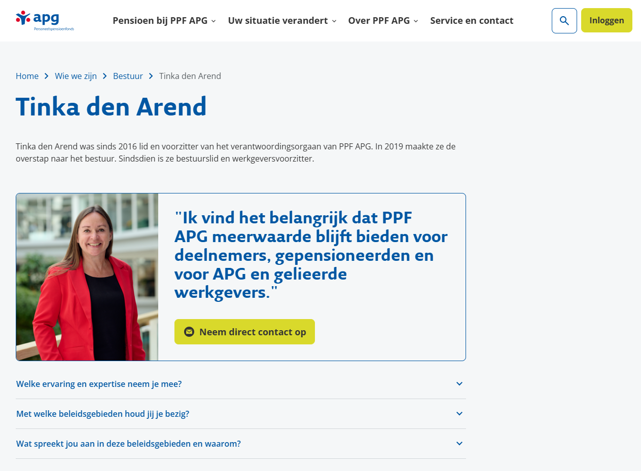 Screenshot van de officiële PPF APG profielpagina van Tinka den Arend, met haar foto, functietitel als werkgeversvoorzitter, en een citaat over haar visie op het pensioenfonds