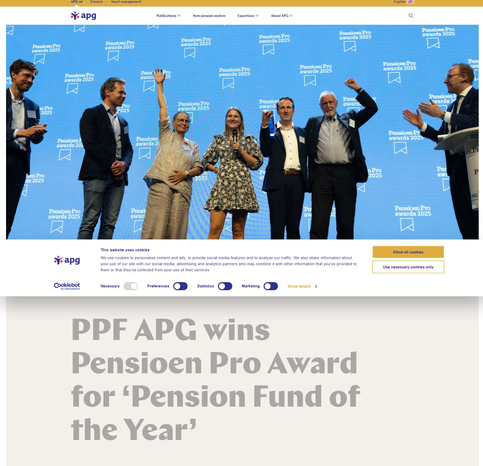 Screenshot van APG nieuwsartikel over PPF APG als winnaar van de Pensioen Pro Award, met begeleidende tekst over de prestaties