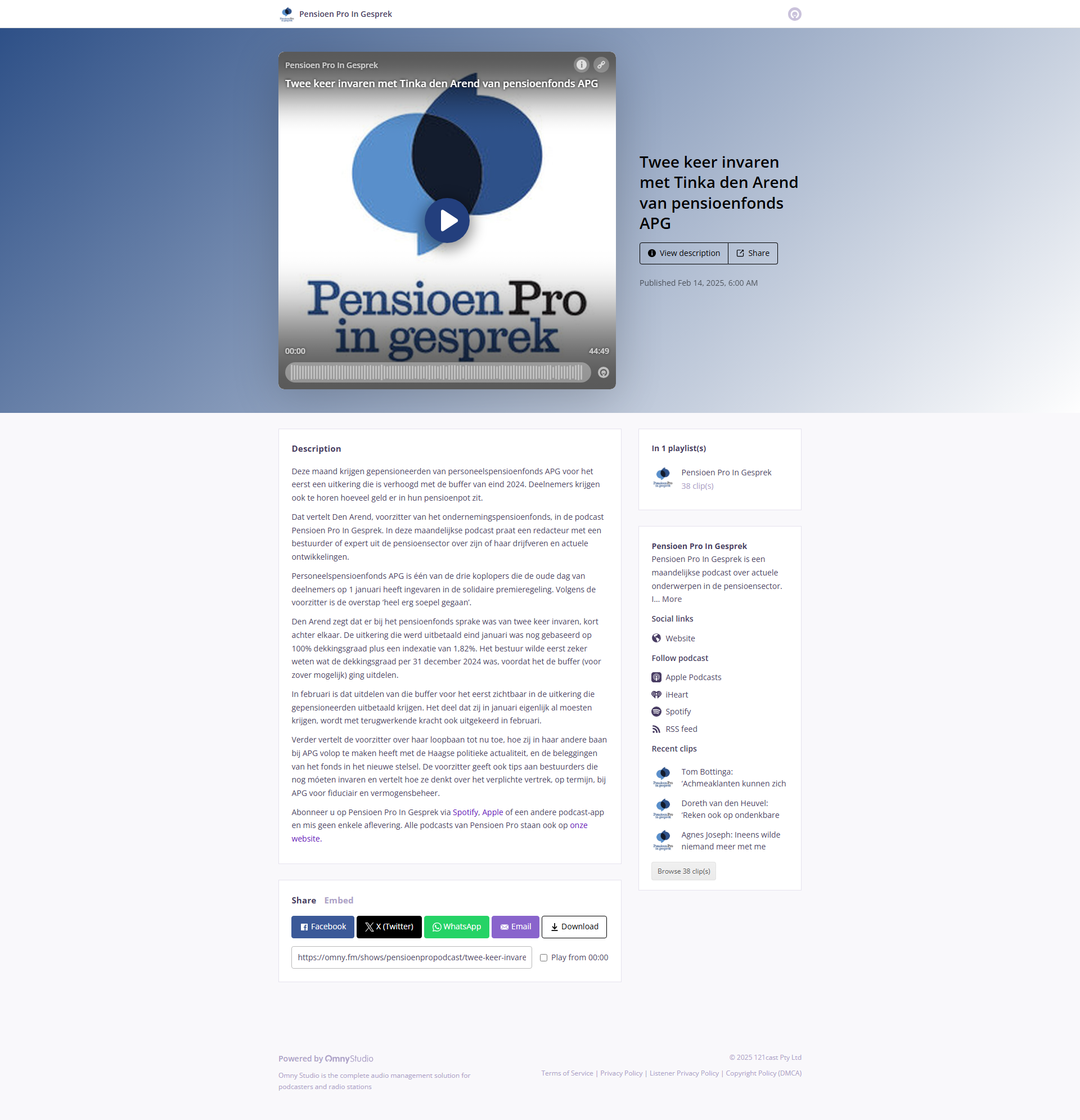 Screenshot van de PensioenPro podcast pagina met aflevering 'Twee keer invaren' waarin Tinka den Arend wordt geïnterviewd over de pensioentransitie