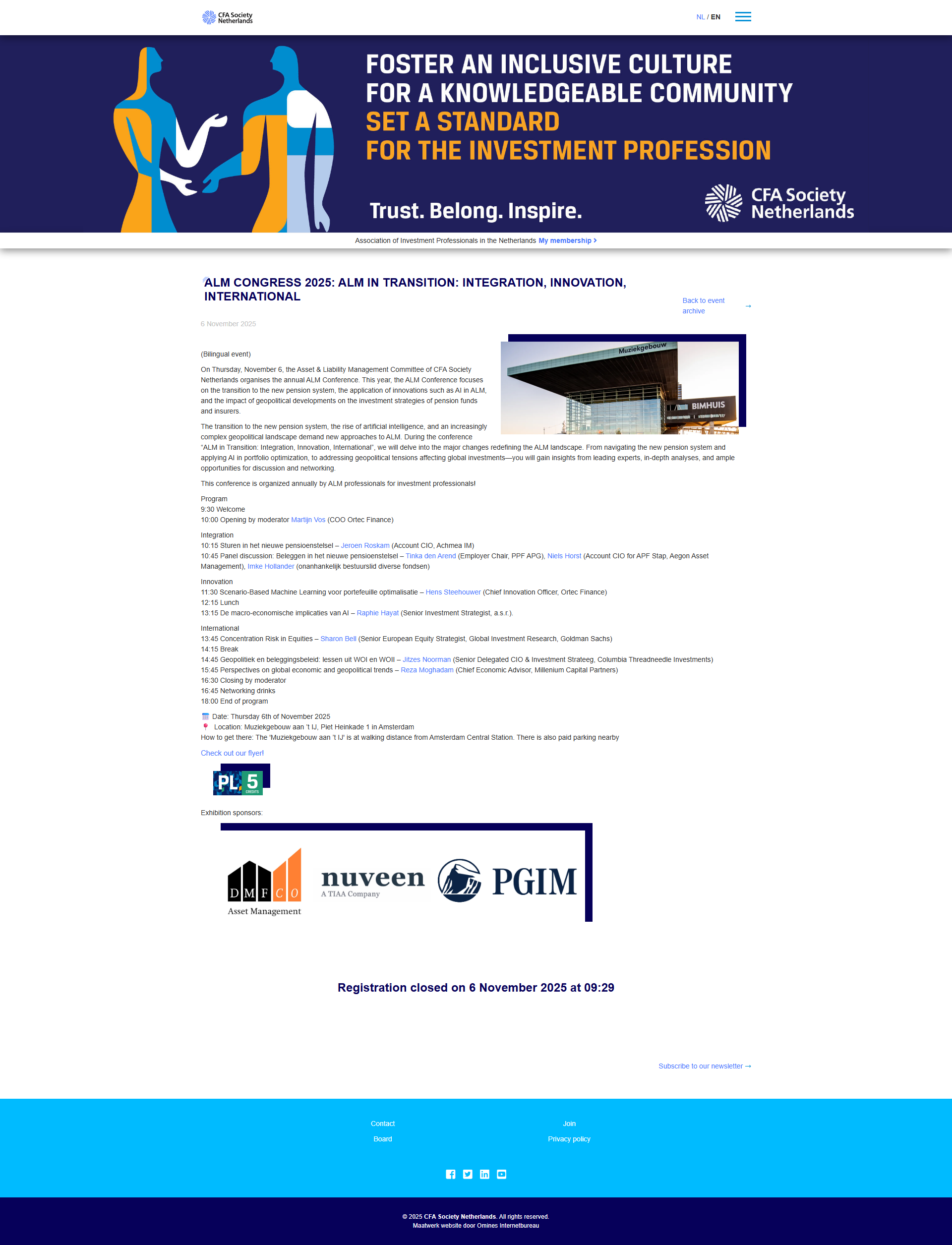 Screenshot van de CFA Society Netherlands ALM Congres 2025 pagina waar Tinka den Arend als panellid staat vermeld voor de sessie over beleggen in het nieuwe pensioenstelsel