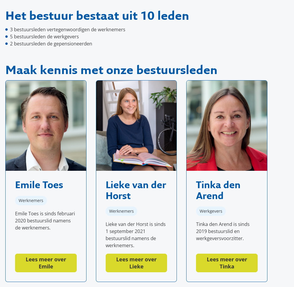 Screenshot van de PPF APG bestuurspagina met overzicht van alle bestuursleden inclusief Tinka den Arend als werkgeversvoorzitter
